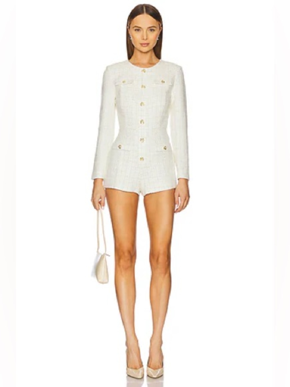 Amanda Uprichard Fallon Long Sleeve Tweed Romper White Gold Buttons Small $280